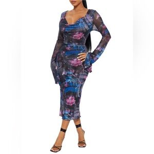 Fashion Nova Mesh Multicolor  Long Sleeve Midi Dress Size Medium